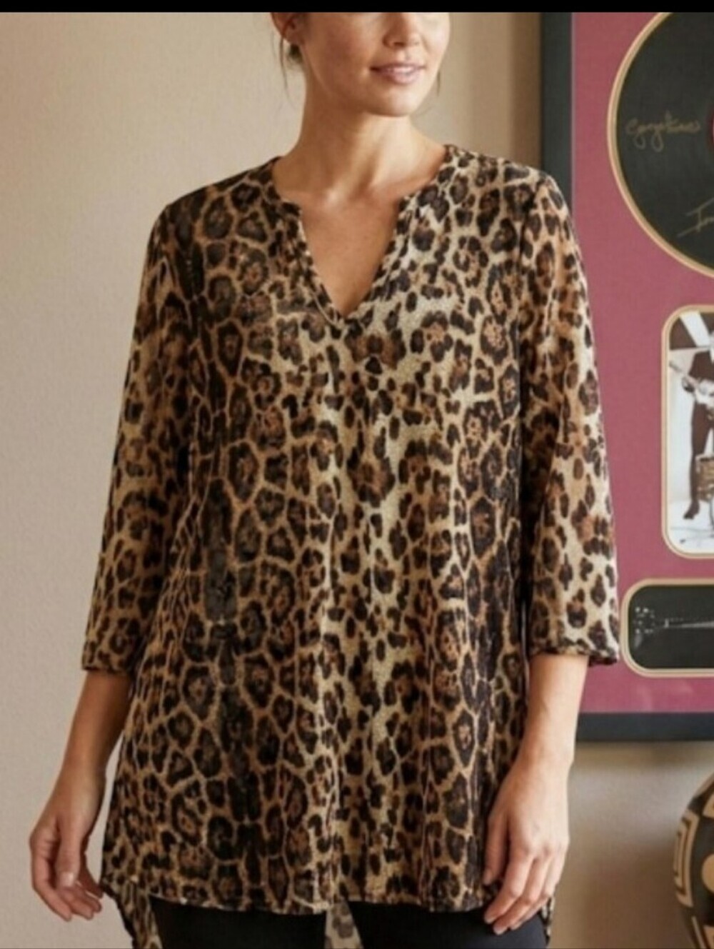 Jordan Taylor Cheetah Animal Print V Neck Translucid Tunic Small 3/4 Sleeve